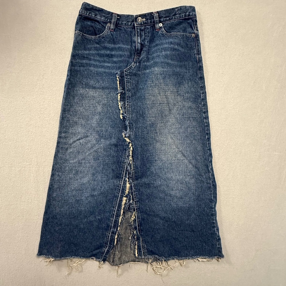 DKNY Distressed Y2K Grunge Alt Blue Jean Long Denim Skirt Junior Size 5
